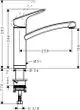 Ein Hansgrohe Spültischmischer mit grafischer Darstellung. Maße und Anschlusslinien sind eingezeichnet. Anleitung zur Installation ist schematisch dargestellt.